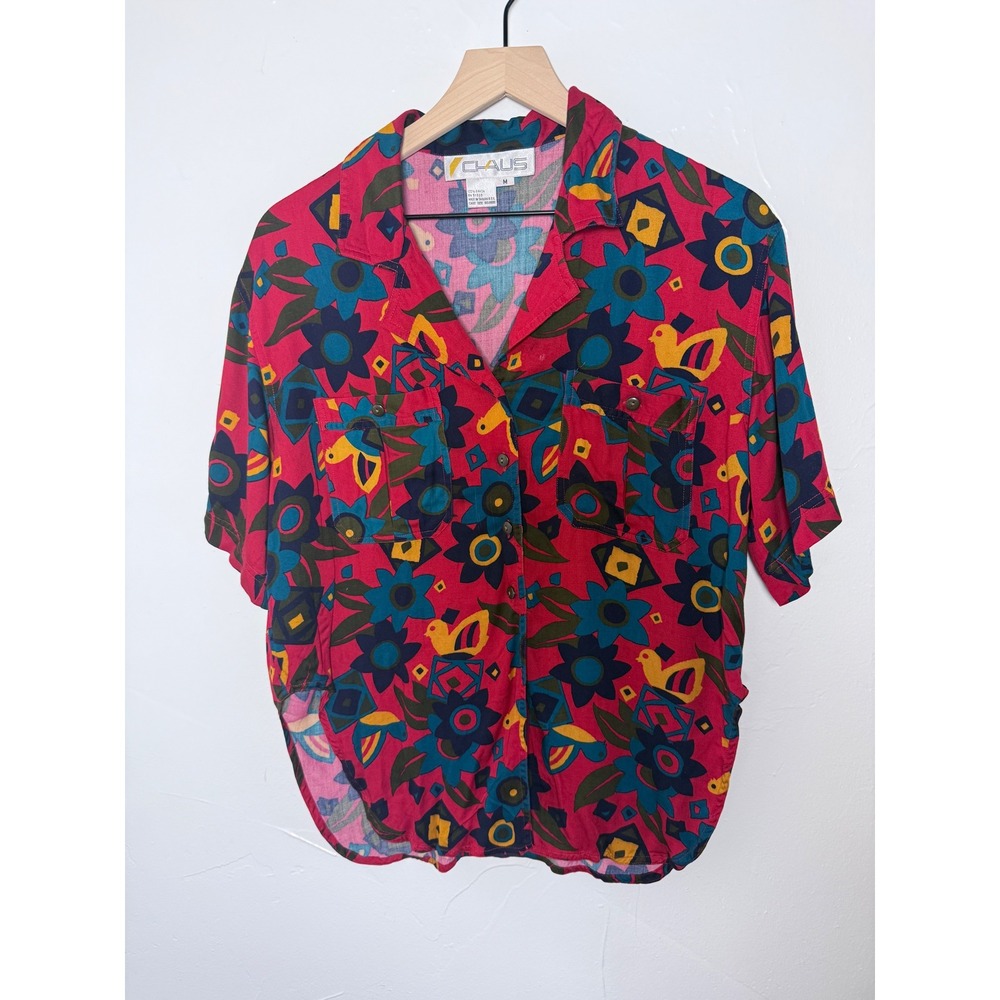Vintage 80s Chaus Rayon Bird Floral Shirt Camp Collar Maximalist Red